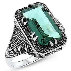 ART DECO STYLE 925 STERLING SILVER SIMULATED 5 CARAT EMERALD FILIGREE RING 393X - Picture 1 of 3