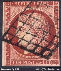 FRANCE CERES 1Fr CARMIN BRUN FONCÉ N° 6B AVEC OBLITERATION GRILLE A VOIR - Picture 1 of 2