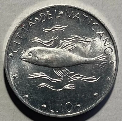 Vaticano 10 Liras 1971 (Año IX) - Peces (Ichthys) - Papa Pablo VI - Sin Circular Foto 1 de 4