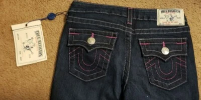 Pantalones de mezclilla azules True Religion para niñas nuevos con etiquetas, talla 10, costuras blancas/rosas  Foto 1 de 4