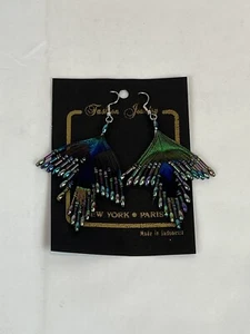 PEACOCK FEATHER BEADED EARRINGS AURORA BOREALIS 80's VINTAGE - Picture 1 of 3