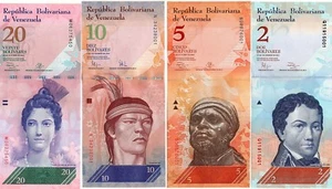VENEZUELA 20 10 5 & 2 Bolivares x 4 UNC Banknote Set - Picture 1 of 5