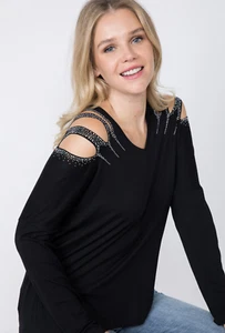 Sexy Black Long Sleeve Cold Shoulder w/Stones Top, Vocal Apparel S-XL, USA - Picture 1 of 10
