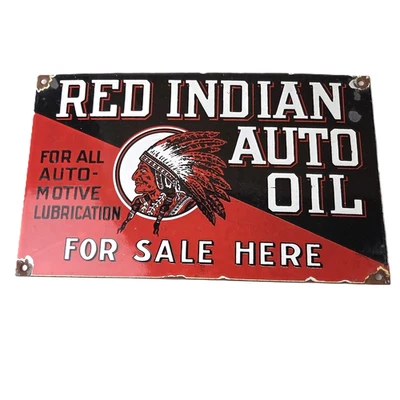 Vintage Red Indian Porcelain Sign - American Indian Auto Oil Service Gas Sign - Image 1 of 4