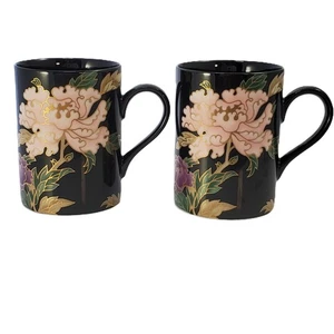 Two 1979 FITZ and FLOYD Cloisonne Peony Black Mugs Vintage FF 75 4" x 2.75" - Picture 1 of 5