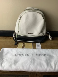 Michael Kors Rhea Medium Color-Block Leather Backpack White/Black W/Dust Bag - Picture 1 of 21