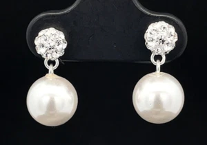 BIJOUX CHASSE BOUCLES D'OREILLES ARGENT 925/- IMITATION ZIRCONIUM & PERLES - Photo 1 sur 3