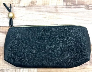 Black Faux Stingray Textured Zippered Clutch With Gold Accent Bead & Leather Pul - Picture 1 of 3