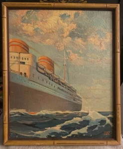 Oslofjord Norwegian America Line Signed Hugo Feldtmann Oil On Board 14.5” X 18” - Picture 1 of 24