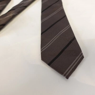 Skinny Tie Mens Black Brown Striped Textured Classic Necktie Suit ATELIER 365 - Image 1 of 4