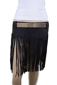 Women Black Color Wrap Around Long Skirt Accessory Belt Gold Metal Plate Fit S M