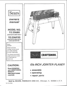 Owners Manual Parts List for Sears 6 1/8” Jointer-Planer -Model 113.20680 - Picture 1 of 5