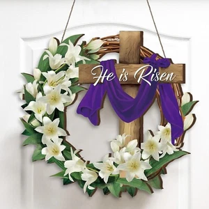 He Is Risen Wreath for Front Door Decor Religious Easter Decoration Wooden - Picture 1 of 6