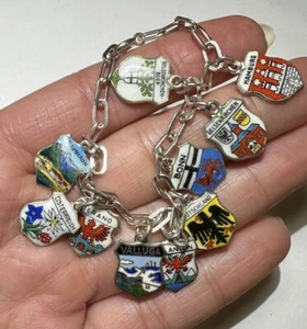 Vintage Silver 800 10 Dangle Enamel European City Shield Charm 6.5" Bracelet DA5 - Picture 1 of 9