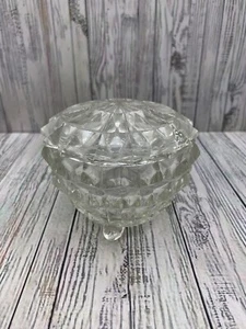 JEANNETTE Klarglas Würfel Fuß Schale Pulverdose Kanister mit Deckel Vintage MCM - Bild 1 von 9