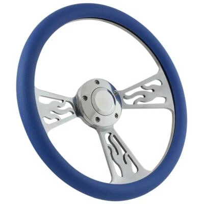 Volante de 14" pulido llama y vinilo azul para camionetas Ford 1949-1991 Foto 1 de 4