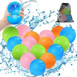 16 Pack Reusable Water Balloons Refillable Water Bomb Splash Balls & Net Bag - Picture 1 of 6