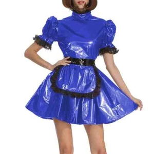 Lockable PVC Leather Maid Uniforms Puff Sleeve Apron Maid Dress Cosplay Outfits - Picture 1 of 10