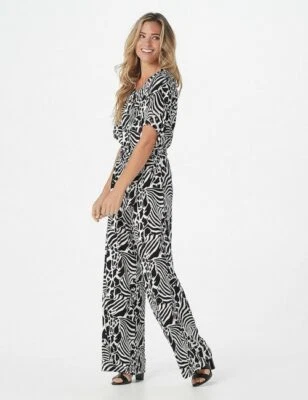 Lisa Rinna Collection Black Off White Short Sleeve Wide Leg Jumpsuit New - Image 1 of 4