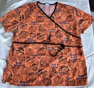Halloween Cheshire Cat Scrub Top Womens LG The Wonderful World Of Disney Orange - Picture 1 of 11