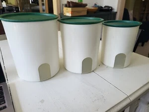 Vintage Tupperware One Touch Canisters Set of 3 White Green Lids 2416B - Picture 1 of 7