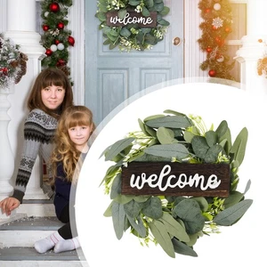 Artificial Wreath 13 Inch Welcome Sign Wreath Wood Hanging Sign with stprb - Picture 1 of 9