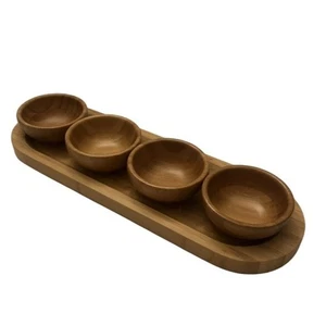 Pampered Chef Bamboo Snack Serving Tray with 4 Bowls Appetizer Dip Condiment - Picture 1 of 7