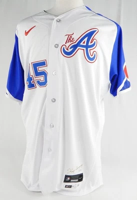Camiseta deportiva blanca City Connect 46 428 de los Atlanta Braves Brad Hand #45 2023 usada en el juego Foto 1 de 4