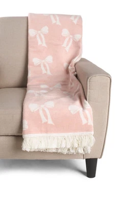 MADE IN PORTUGAL Pink & White Bow - Bow Drape Throw Blanket NEW Cottage Coquette - Image 1 of 3