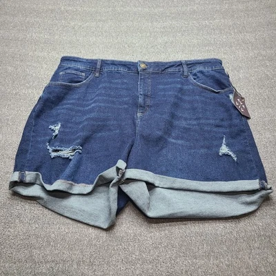 Pantalones Cortos Aya & Viv Mujer 24W Lavado Oscuro Tiro Alto Midi Denim Envejecido Elástico Foto 1 de 4