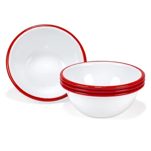 Set of 4 Enamelware Metal Classic 20 oz Round Cereal Bowl, Solid White/Red Rim - Picture 1 of 9