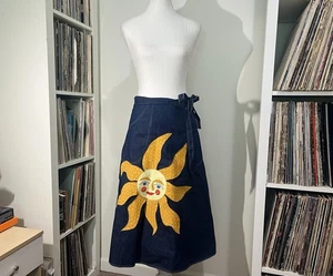 VTG 70’s Glad Rags Blue Denim Celestial Boho Sun Embroidered Wrap Midi Skirt 8 - Picture 1 of 14