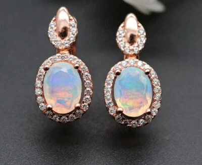 3 Ct Oval Lab Created Fire Opal Halo Drop Dangle Earrings 14K Rose Gold Plated - Image 1 of 4