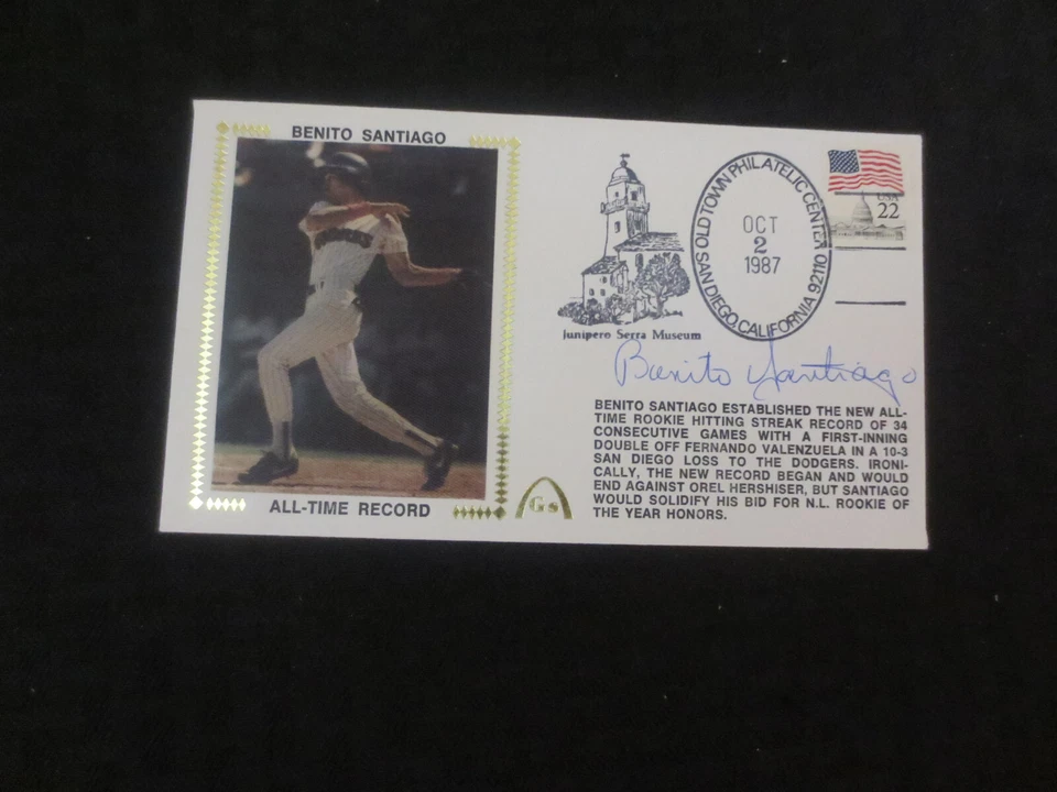 Cachet de seda firmado con autógrafo Benito Santiago Padres 1987 Foto 1 de 1