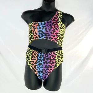 NEW Rainbow Leopard Print One-Shoulder One-Piece Rave/Festival Suit Size L - Picture 1 of 2