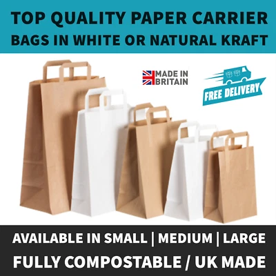 White Brown Kraft SOS Paper Bags with Flat Handles – Food Lunch Takeaway Carrier