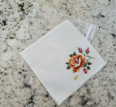 Vintage Swiss Cotton Burmel Handkerchief embroidered flowers; New old stock  - Image 1 of 4