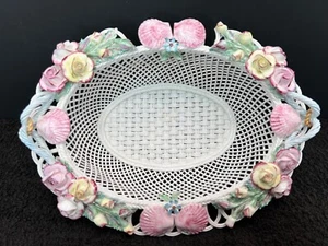 Tommy Daly Signed Celtic Weave China Porcelain Sea Shells and Rose Basket  AS IS - Picture 1 of 9