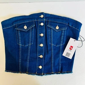 TULIP BLUE DENIM BUSTIER CORSET STYLE STRAPLESS RAW EDGE CROP TUBE TOP XL - Picture 1 of 6