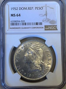 Dominican Rep. 1952 Peso, Superb Gem NGC 64, Scarce High Grade, - Picture 1 of 3