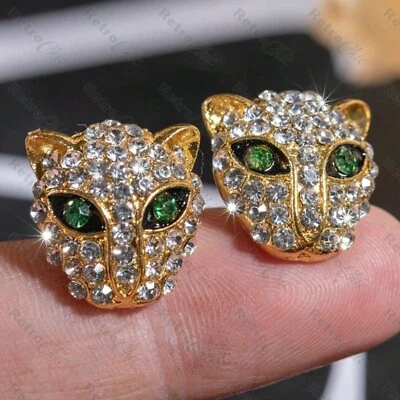 BLING leopard head CRYSTAL EARRINGS green eyes GOLD FASHION panther STUDS animal - Image 1 of 4
