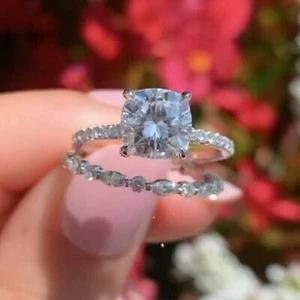 3 CTW Cushion Cut DVVS1 Moissanite Wedding Bridal Ring Set 14k White Gold Plated - Picture 1 of 13