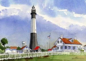 Faro de la isla Tybee, paisaje de Georgia. Impresiones en acuarela de James Mann - Imagen 1 de 2