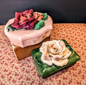 Pair~Johannes Brahm California Pottery~Ceramic Rose Lid Trinket Boxes~Pink~VTG - Picture 1 of 19