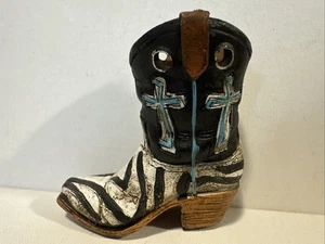 Wester Boot Vase/Pen Holder 4.5” Cross & Zebra Print Black, White,& Teal - Picture 1 of 6