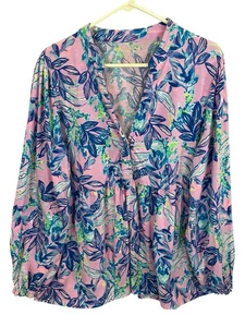Lilly Pulitzer XL Shirt Womens Blue Pink Winona Tunic Long Sleeve V-Neck - Picture 1 of 15
