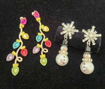 Two Pairs Betsey Johnson CHRISTMAS Earrings Lights And Snowman - Image 1 of 3