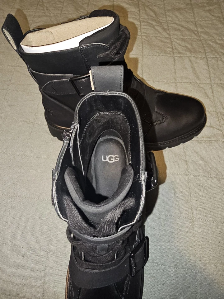 Botas gruesas de combate UGG negras de gamuza con correa con hebilla de cuero para mujer talla 11 Foto 1 de 4