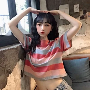 Rainbow Striped Rainbow Striped T Shirts Loose Fit Short Sleeve Crop Top 2024 - Picture 1 of 11