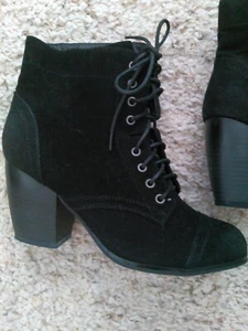 BLACK SUEDE   Lace UP Chunky Heel Ankle Boots - Picture 1 of 2